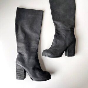 Jeffrey Campbell Matte Black Leather Knee High Chunky Heeled Sark Boots Size 10